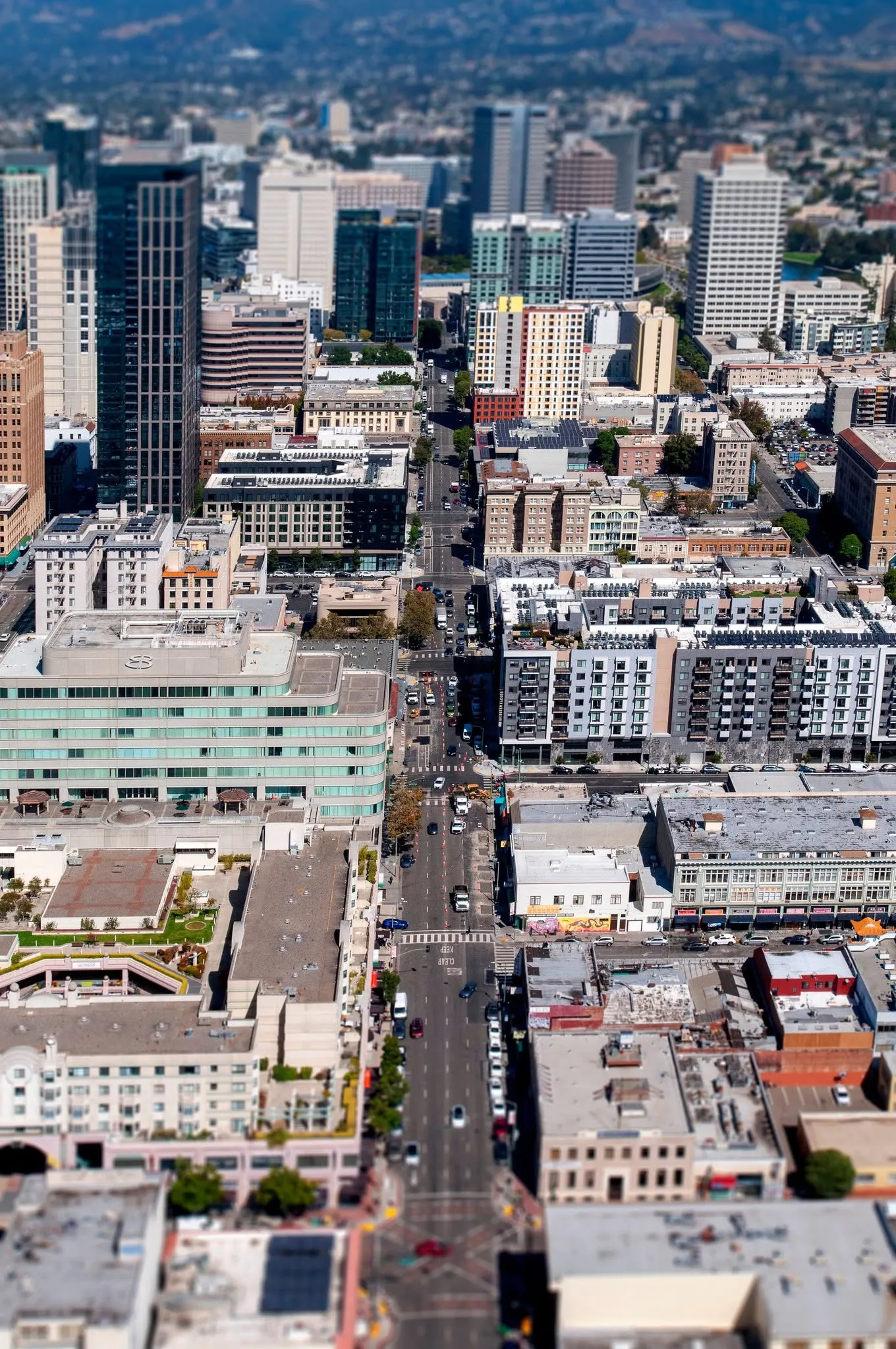 Vertical aerial view down Webster Street through downtown Oakland