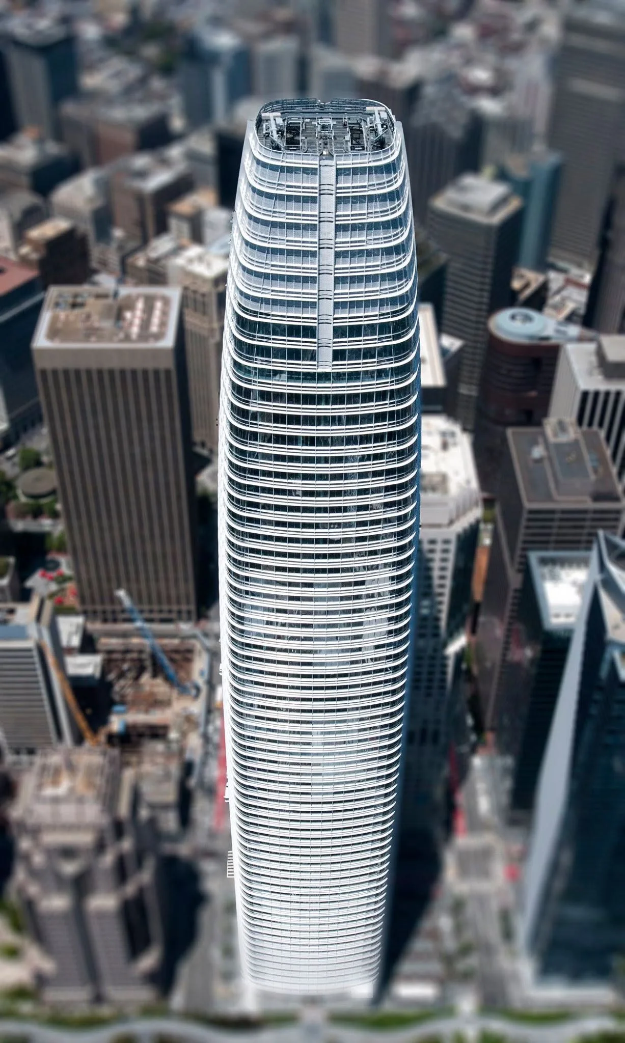 Vertical aerial photograph of Salesforce Tower in downtown San Francisco