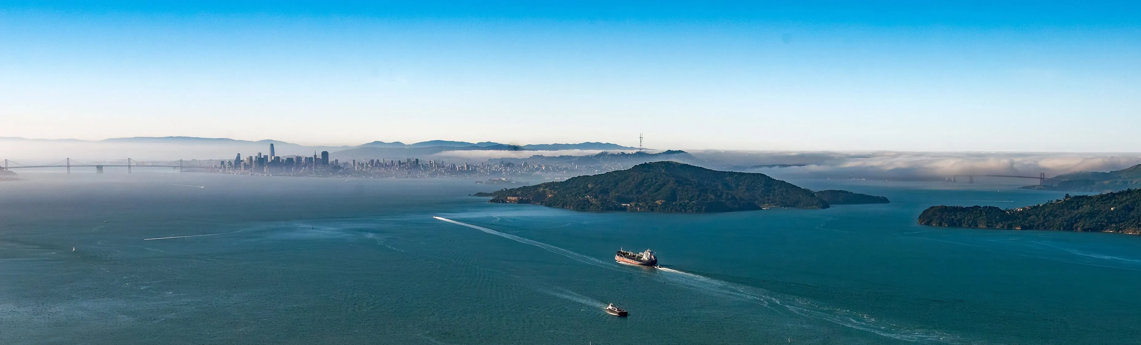 Panoramic aerial view across San Francisco Bay on a foggy morning in Marin