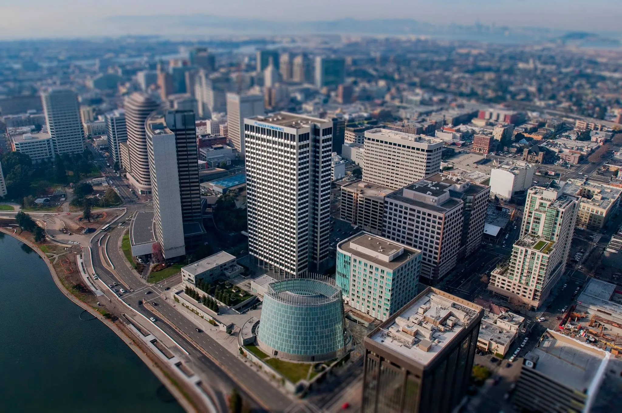 Tilt-shift aerial photograph of downtown Oakland