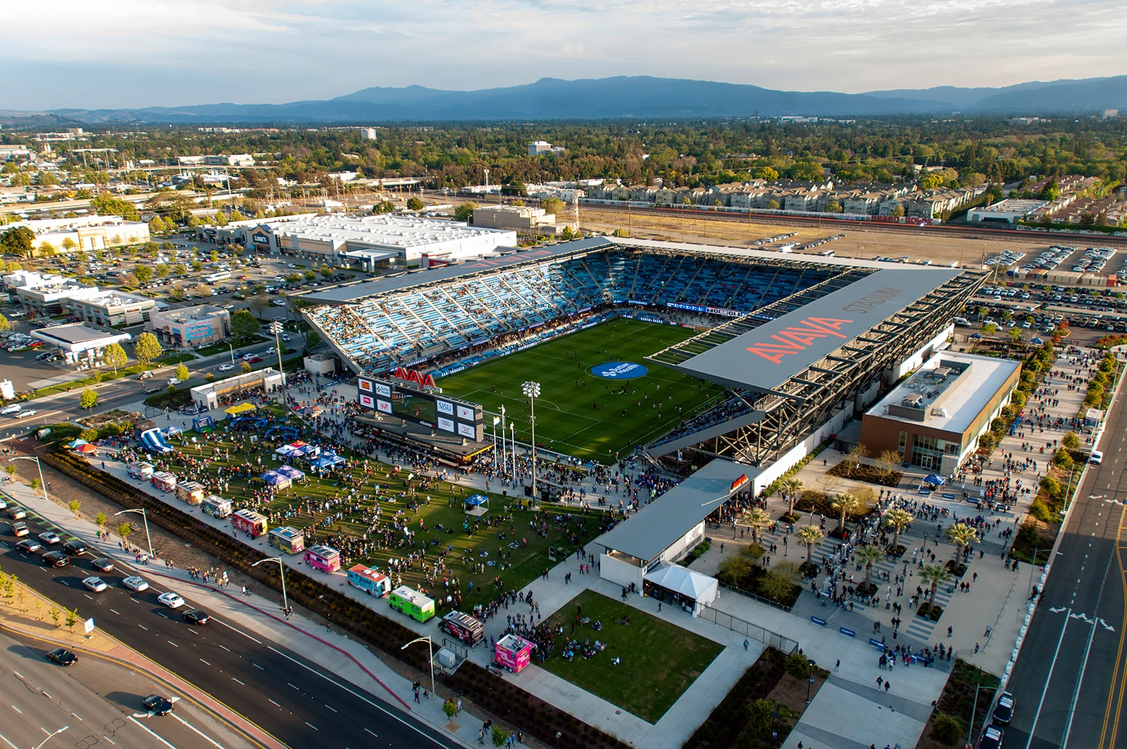 Aerial photograph of PayPal Park, formerly Avaya Stadium, in San Jose on game day