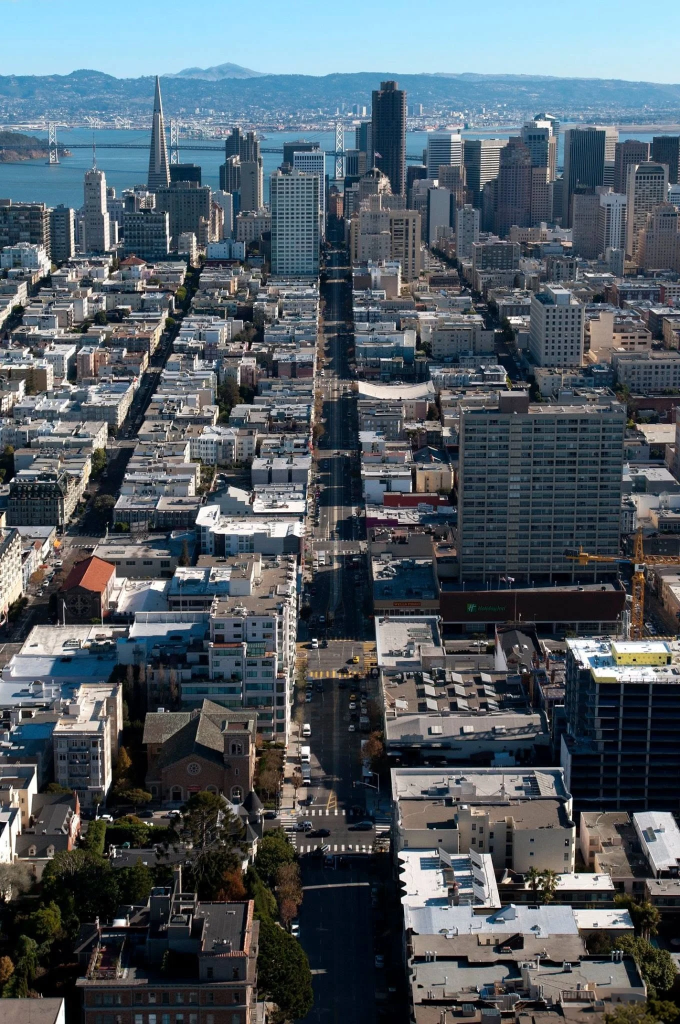 Vertical aerial view down California Street in San Francisco